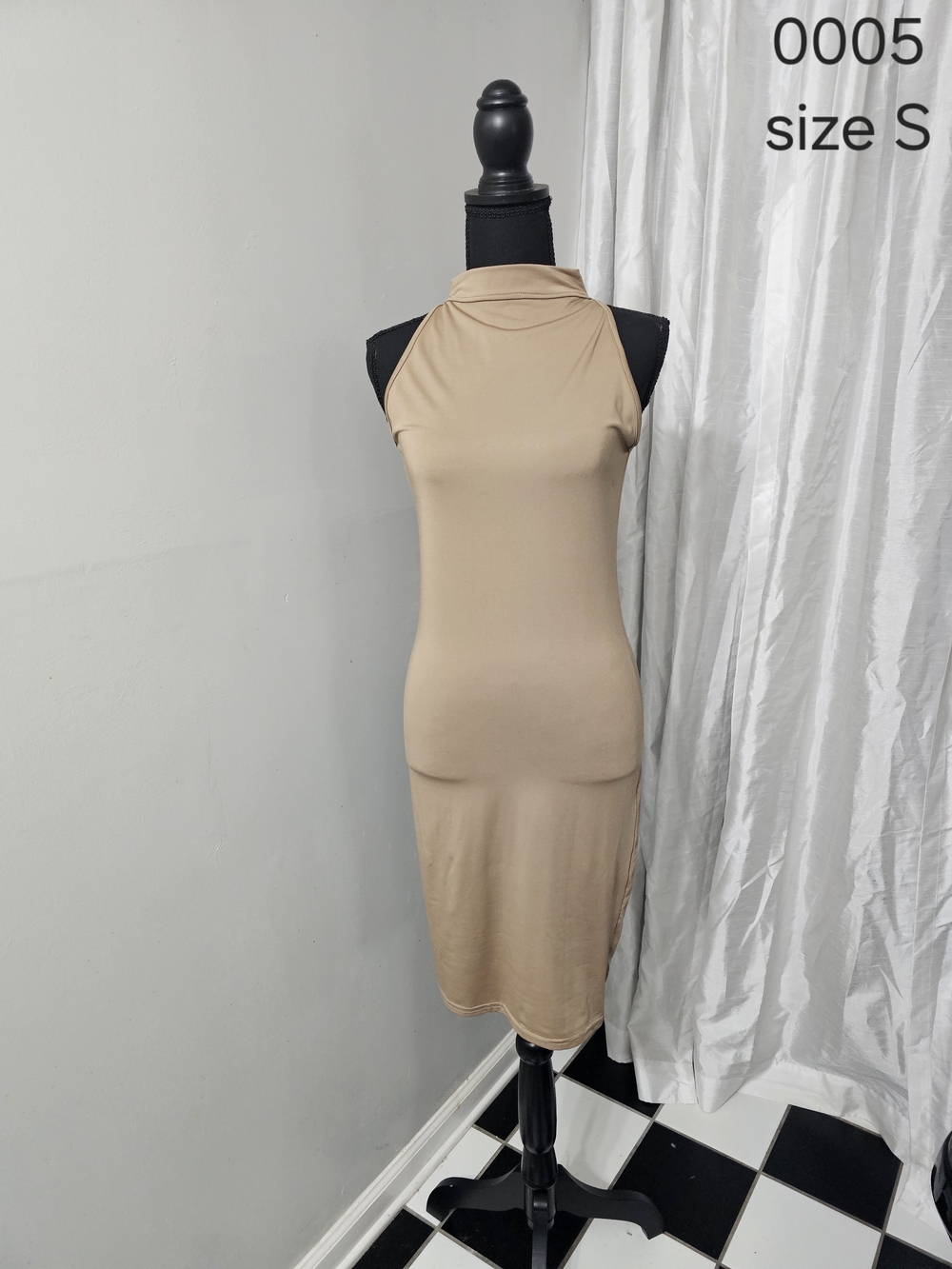 Sleeveless High-Neck Bodycon Dress in Beige